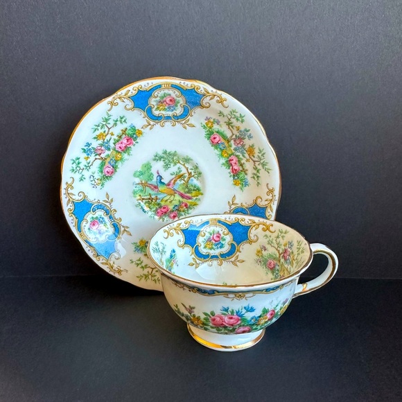 Foley English Bone China DEMITASSE Teacup Saucer ‘Broadway’ Bird Blue Scrolls - Picture 13 of 13